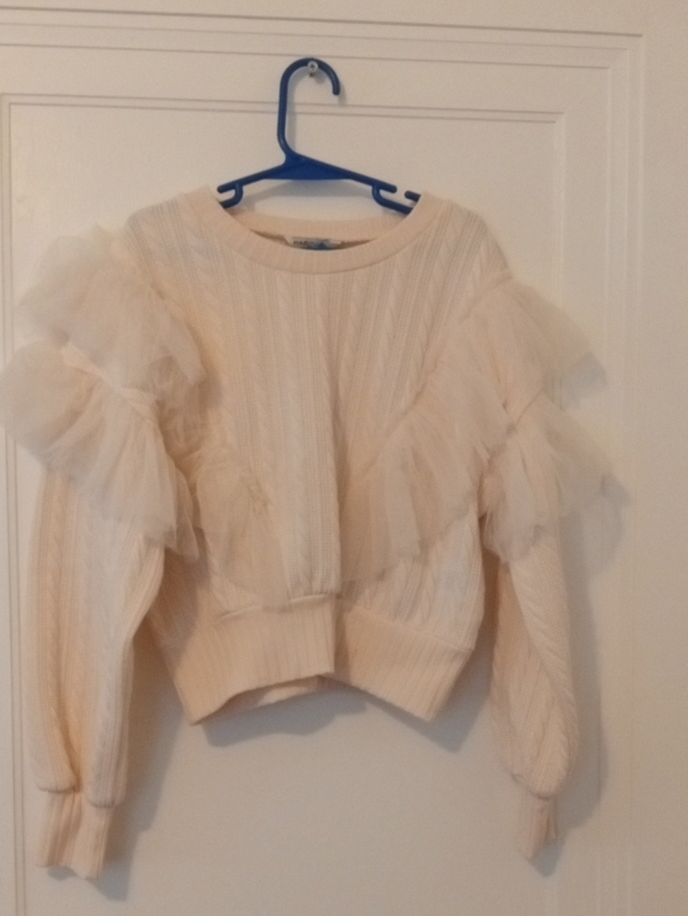 NWOT girls med 7/8 cream ribbed sweater with ruffle accent sleeves